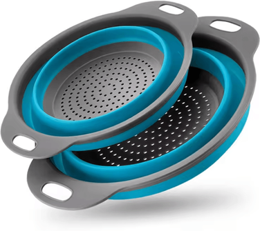 Inspire Curations FlexDrain Collapsible Silicone Colander Basket blue Set