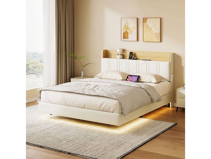 Structure de Lit Double 160 x 200 cm Lit Flottant Lit avec Éclairage LED Tête de Lit Haute Multiprise Blanc