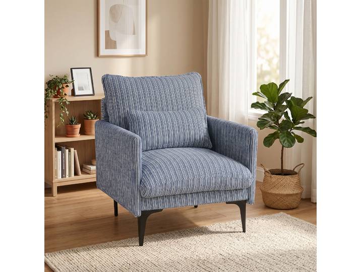 HOMCOM Fauteuil Salon Tissu Lin Bleu Accoudoirs Assise Large