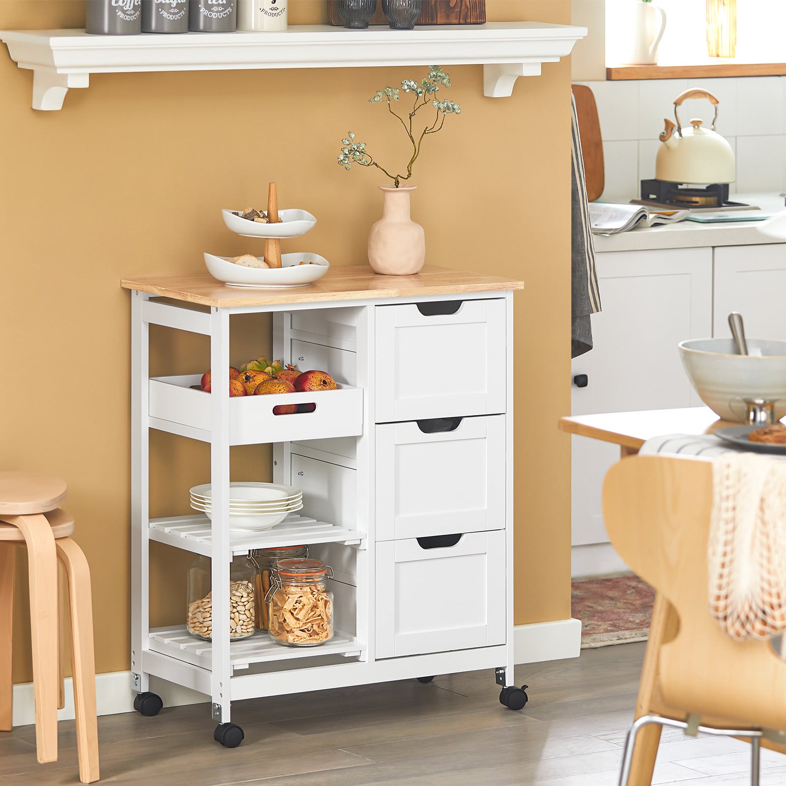 SoBuy FKW79-W Keukenwagen met wielen, witte serveerwagen met 2 verwijderbare plateaus en 1 dienblad, rollende trolley voor keuken en woonkamer