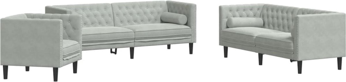 vidaXL Chesterfield 3-delige loungeset met bolsters in lichtgrijs fluweel
