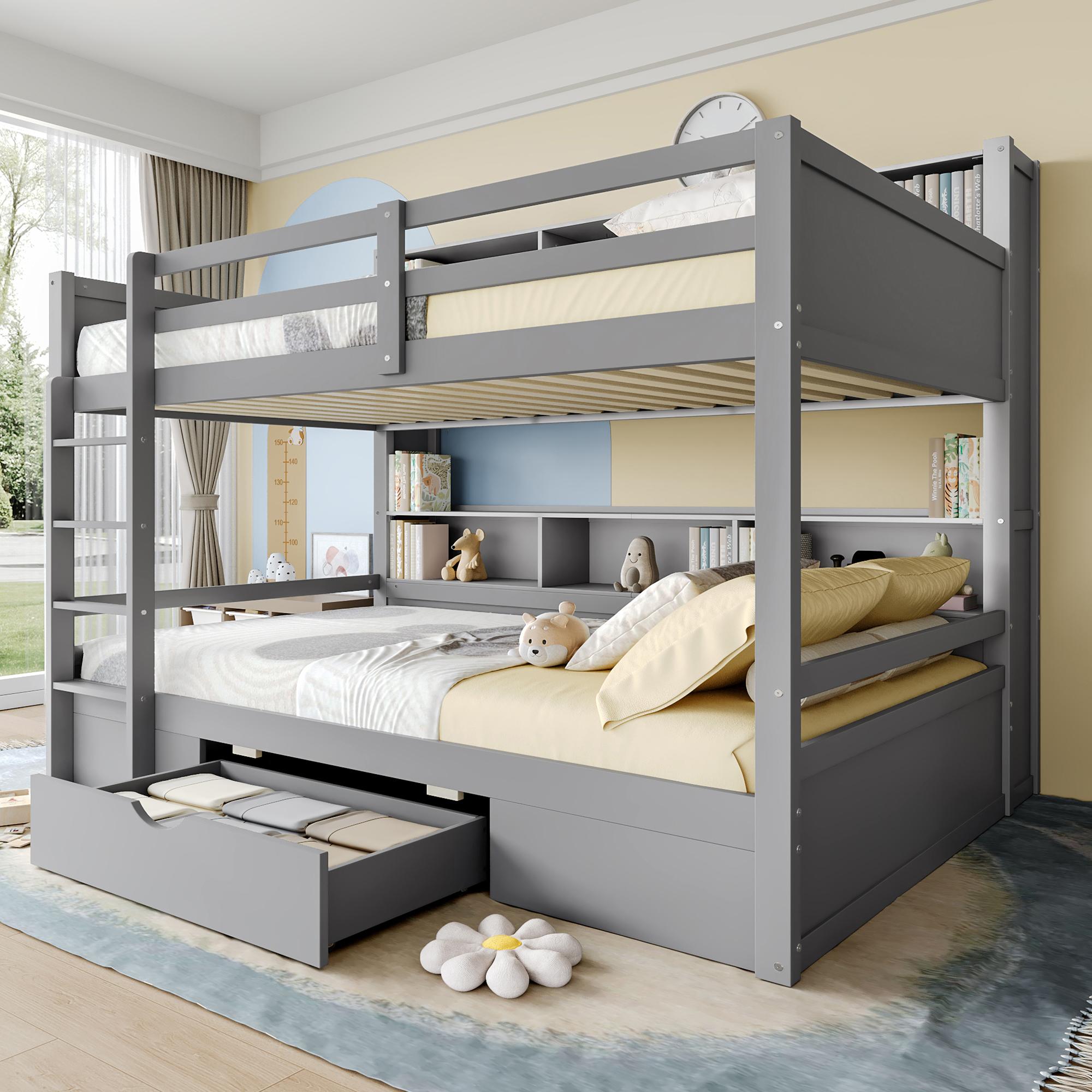Sweiko Etagenbetten,90x200cm(90x200cm) Einzelbetten, Kinderbetten, , Etagenbetten, mit Schubladen, mit Staufächern, Ohne Matratze, Grau