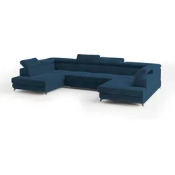 WOHNLANDSCHAFT VINTESSA Blau Velours-Stoff mit Schlaffunktion