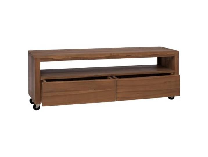 PUGYNBK TV-Schrank, 110 cm, massives Teakholz, natur Mit Rollen, Schubladen, rustikaler Stil, für Wohnzimmer oder Schlafzimmer