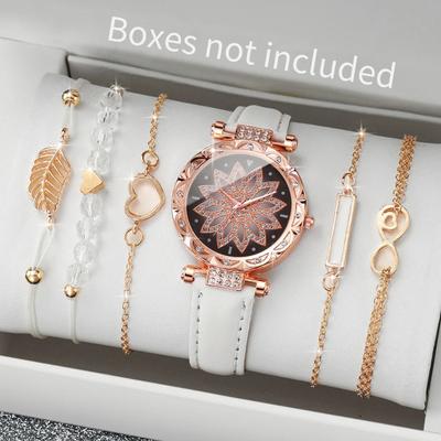 Uplift Essentials 6 Piece Fashion Heart Dial Watch Set Elegant Leather Band & Leaf Bracelet Collection white B
