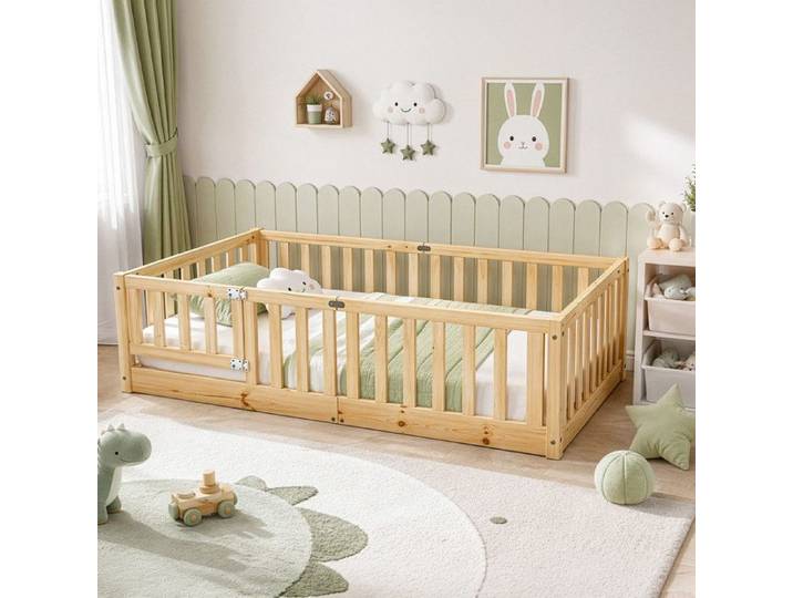 Lit enfant en bois naturel - LALAHO - 80 x 160 cm - Sommier à lattes inclus - Barrière de sécurité amovible