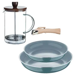 BERGNER - Set 2 Pfannen Ø24/28cm aus recyceltem gepresstem Aluminium Grün mit abnehmbarem Griff mit French Press Kaffeebereiter Borosilikatglas