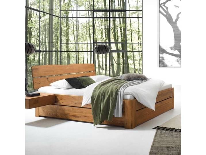 Bett Losket Komfort Wildeiche Massivholz mit Schubkasten 200x200cm modern, Soft-Close