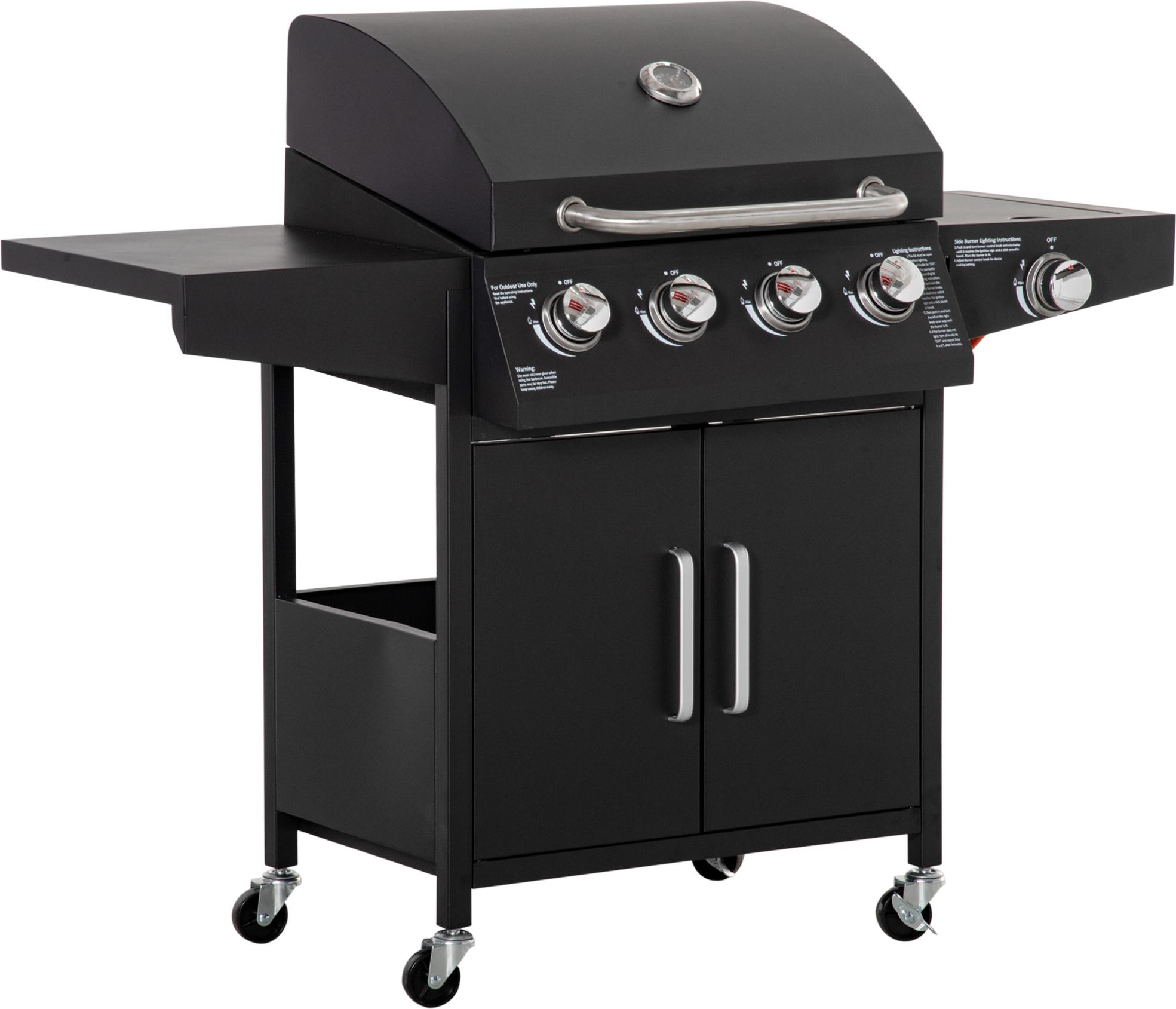 Gasgrill BBQ mit 3 Brennern je 3 kw mobiler Grillwagen mit 4 Rädern Grillnetz Seitentischen Druckminderer Schläuche Schrank Multifunktion Metall Schwarz 132,4cm x 55cm x 109cm
