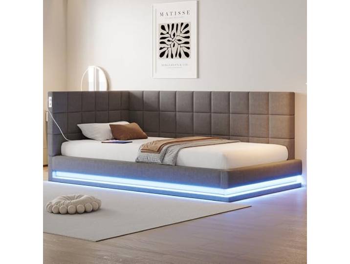 Merax Polsterbett Schlafsofa 90x200 mit LED Lichtleiste, USB Steckdose, Lattenrost, Multifunktionsbett mit farbwechselndes LED-Licht, für Wohnzimmer & Gästezimmer, Samtstoff, Grau (Ohne Matratze)