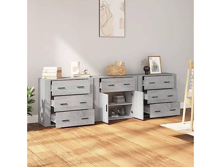 KTHLBRH Sideboards 3 Stück Grau Sonoma Holz mehrschichtig Großer Stauraum, Ausstellungsfläche, Montage mit Handbuch, Wandbefestigung inklusive