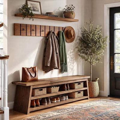 YUZHOU 63-Inch Solid Wood Hall Tree Set, Entryway Bench with Hooks