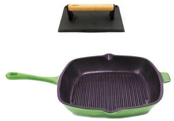 "BergHOFF Neo 2pc Cast Iron 11"" Grill Pan with Steak Press, Green"