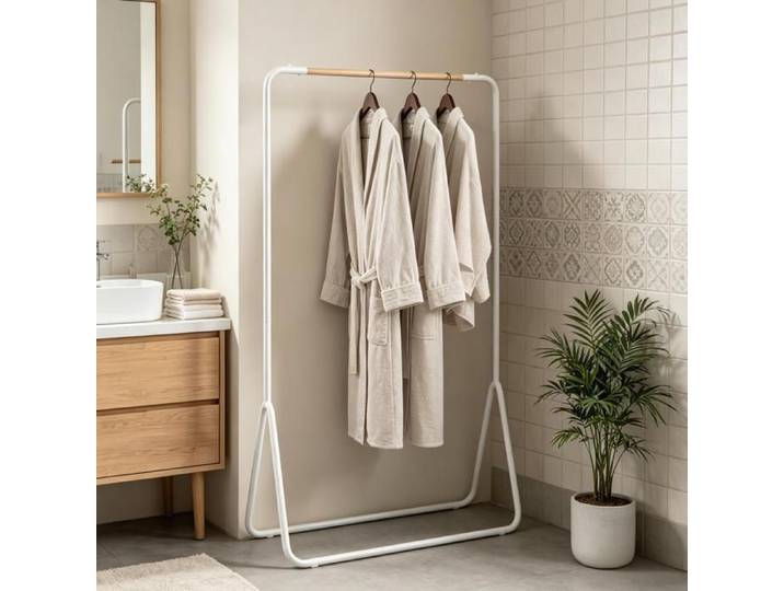 Portant à vêtements sur pied – Métal blanc – Barre de suspension – 145 cm