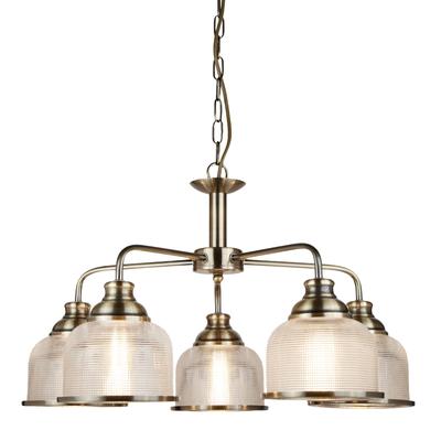 SEARCHLIGHT Hängeleuchte "Bistro II 5Lt Pendant -Antique Brass & Holophane Style Glass", gold (antikmessing und klar), 5, Ø 58cm H: 34cm, 1 Stk., Leuchten, Hängeleuchte