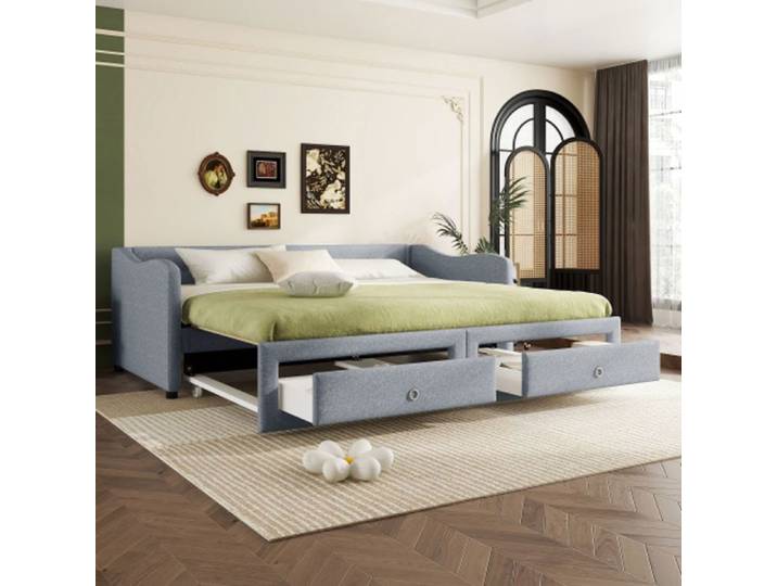 Canap lit 90x200 cm avec lit gigogne avec deux tiroirs lin - gris