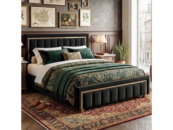Lit Double 160x200cm - Design Luxueux - Rangement hydraulique - Bordure Dorée & Velours Noir - Chic & Robuste
