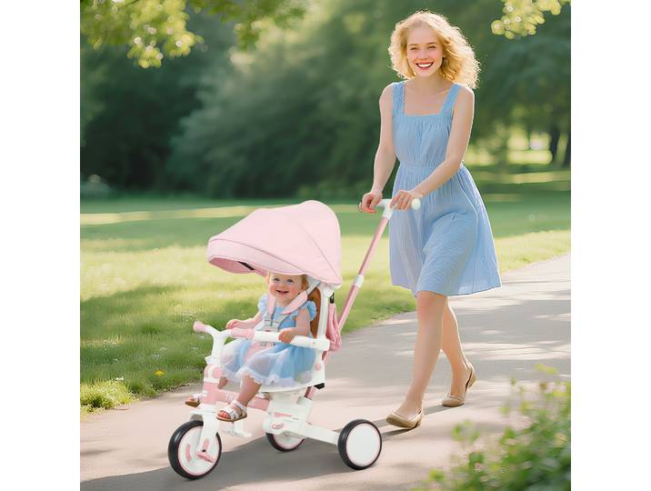 AIYAPLAY Tricycle Enfant 5 en 1 Barre Poussée Capote Amovible Rose