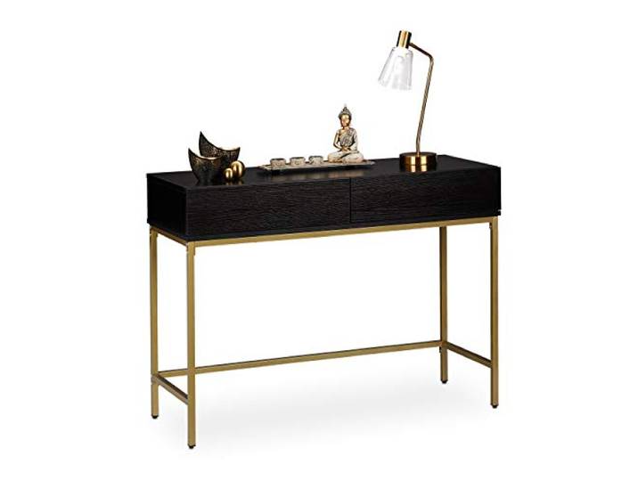 Relaxdays Konsolentisch, 2 Schubladen, Sideboard Flur, Wohnzimmer, Ablagetisch Holzoptik, HBT 80x110x40 cm, schwarz/Gold