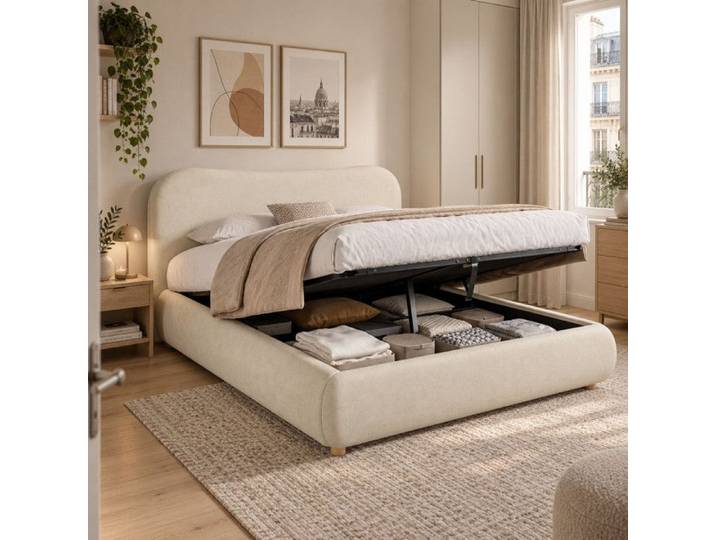 Bladez - Lit coffre lit capitonné 160x200 cm lit double en chenille avec rangement hydraulique - Beige