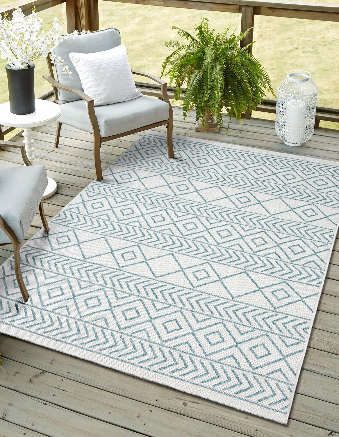 Myflair Möbel & Accessoires "Liva, LAGERRÄUMUNG" rechteckig 8 mm Höhe Wendeteppich, Rauten Motiv, Outdoor geeignet, Balkon, Terrasse cream,türkis B : 160cm 1 Stk., 8mm, L: 230cm