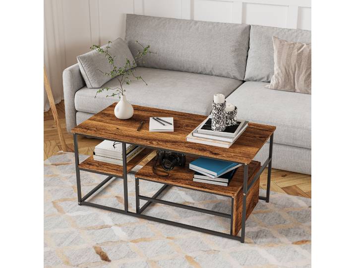 Table Basse Salon Moderne, Tables Gigognes Ensemble de 2 Tables Basses Table Basse Gigogne avec Cadre en Métal Table D'appoint