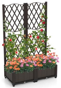Costway PE Rattan Raised Garden Bed with Trellis Planter Box for Climbing Plants-Brown