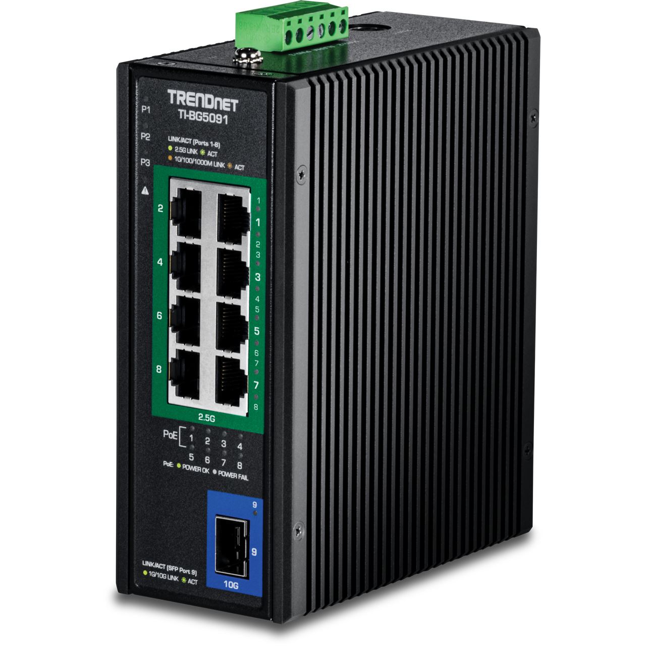 TrendNet 9-Port Industrial 2.5G DIN-Rail PoE++ Switch w SFP+