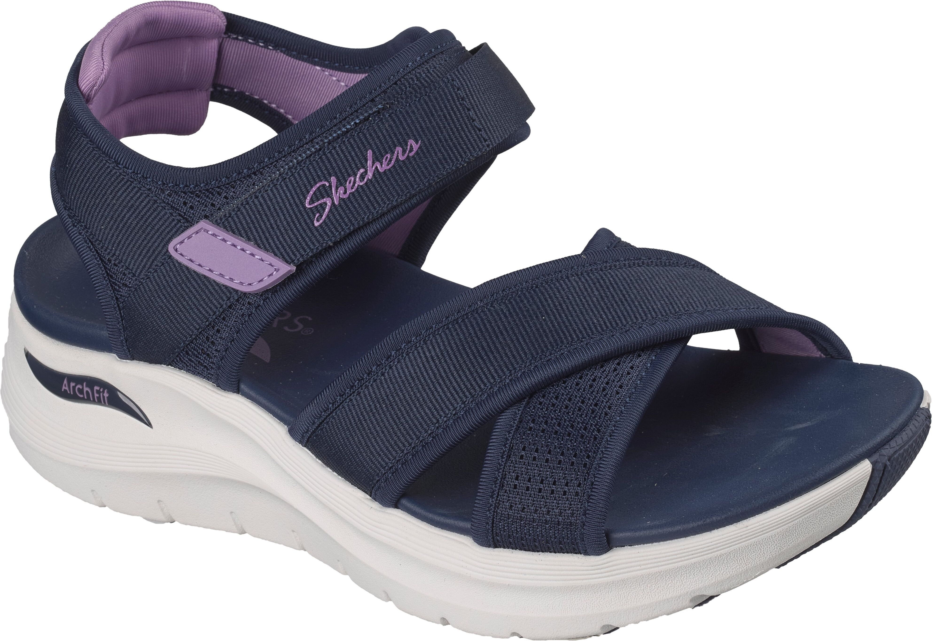 Sandale SKECHERS "ARCH FIT 2.0 SANDAL", Damen, Gr. 37, Textil, blau (navy, lila), kontrastfarbene Details, Schuhe Sandale, Freizeitschuh, Trekkingschuh mit Arch Fit navy, lila 37, Textil