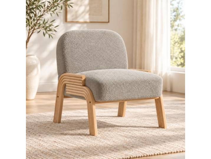 Loungesessel Chenille Polstersessel mit Holzbeinen fürs Wohnzimmer (Grau) Weicher Chenille-Sessel in skandinavischer Optik mit rundem Rücken, Holzrahmen und 136 kg Tragfähigkeit