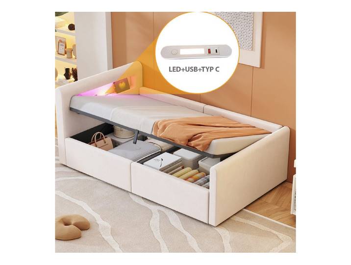 Odikalo Stauraumbett Polsterbett Kinderbett USB Hydraulik Stauraum Regal 90x200 Mehrfarbig