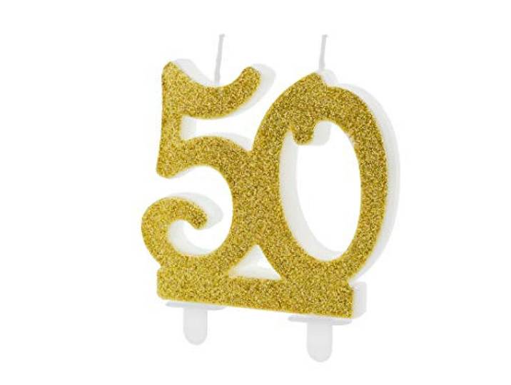 Verjaardagskaars goud glitter 10 cm cijfer 50