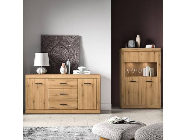 Lomadox Wohnzimmer-Set in Eiche modern mit Sideboard & Highboard inkl. LED-Beleuchtung, 2-teilig