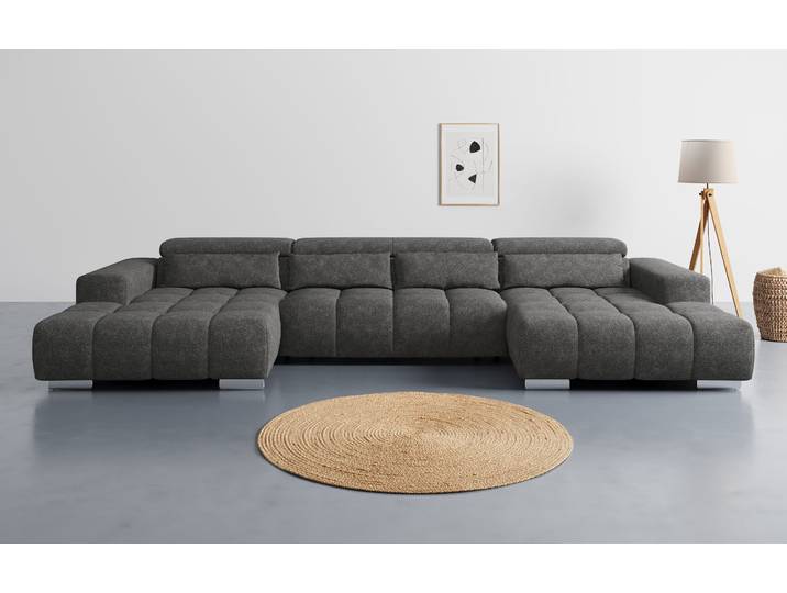Wohnlandschaft COTTA Orion U-Form, B: 400 cm , anthrazit, B:400cm T:186cm, 100% POLYESTER (PES), Sofas, Wohnlandschaft, Kopfteilverstellung & 4 Kissen, optional elektr. Sitztiefenverstellung