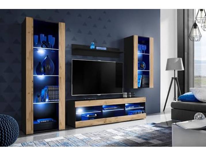 Komodee Wohnwand TV Tivoli Medio A1 Wotan/Schwarz 245x159x35 cm Wohnwand Tivoli Medio, Wotan/Schwarz, Breite 245cm x Höhe 159cm x Tiefe 35cm, LED Blau, für Wohnzimmer