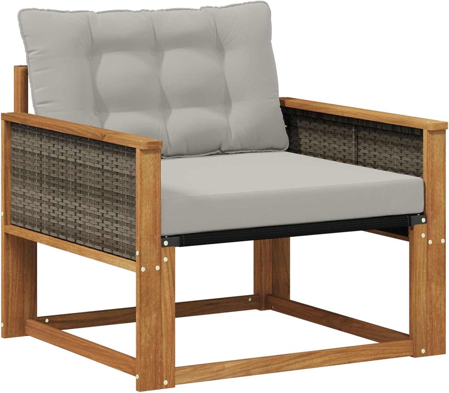 Gartensessel aus massivem Akazienholz Modulares Outdoor-Sofa Element 1-Sitzer Lounge-Sessel Holz-Gartenmöbel mit Kissen für Terrasse Garten Balkon Natur