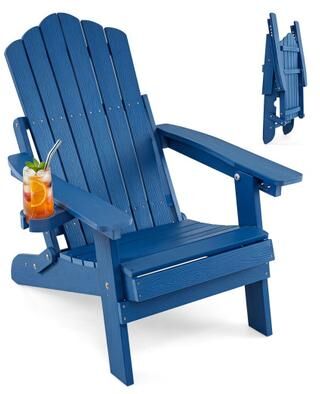 Costway Outdoor Folding Adirondack Chair with Cup Holder and 5-Level Backrest-Navy