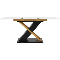 OKWISH Esstisch MDF und Metall Schwarz in Marmor-Optik, ausziehbar 120-160x80x75,4 cm, mit Kreuzbeinen und arretierbarer Metallschiene