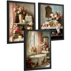 POSTER 3er-Set dekorative Badezimmerdrucke, romantischer Stil, Bilder mit Rosen Badewanne und Parfums, Blumenposter, Schwarzer Rahmen A3