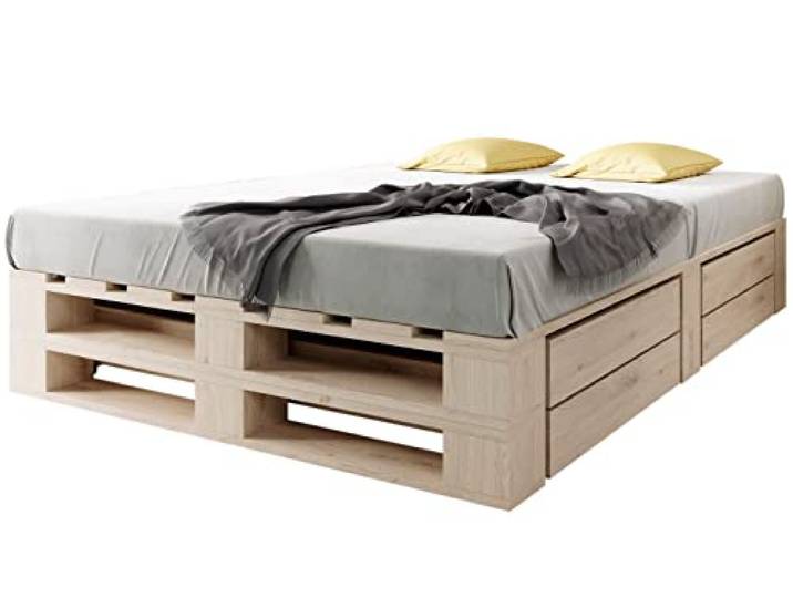 sunnypillow Paletten Bett M2 Holz 180x200cm mit Lattenrost, 2 Bett kästen Doppelbett, Familienbett, erhöhtes Bettgestell Futonbett Komforthöhe Naturholz Massivholzbett
