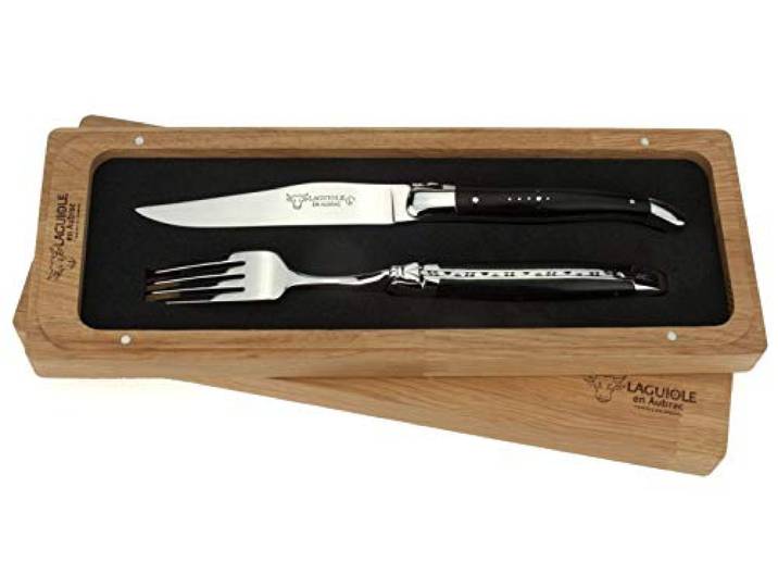 Laguiole en Aubrac - 1 Steakmesser und 1 Gabel Besteck-Set - Griff Ebenholz - Original Frankreich mit Zertifikat