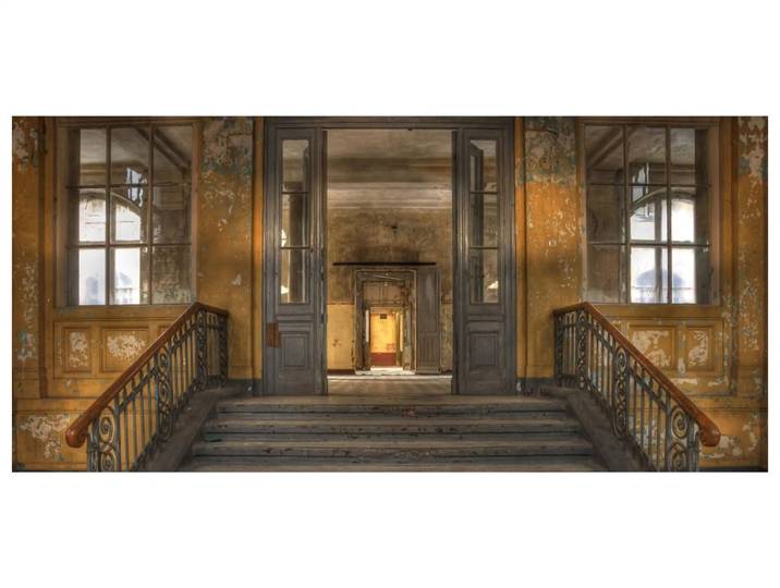 Digitaldruck auf Acrylglas Lost Place Treppe 3 image LAND / Grösse: 140 x 66 cm