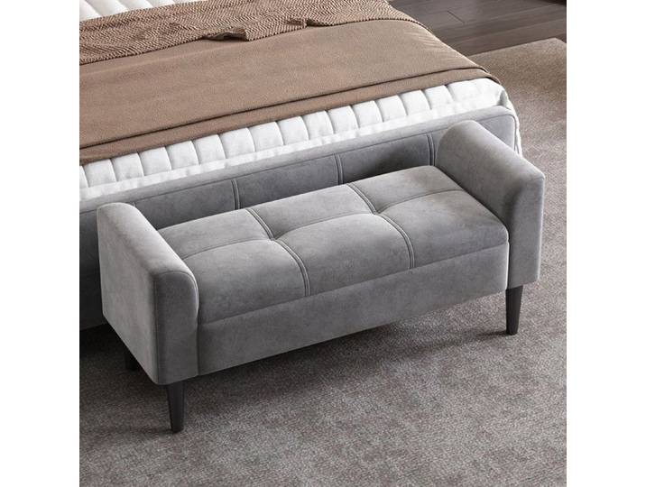 Banc de Chambre Velours Gris - Accoudoirs Confortables 150kg Charge & Design Quilté 116x44cm