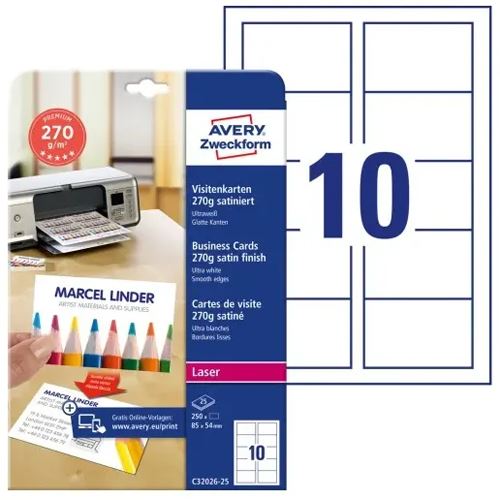 AVERY Zweckform 250 Visitenkarten C32026-25 satiniert weiß 270 g/qm