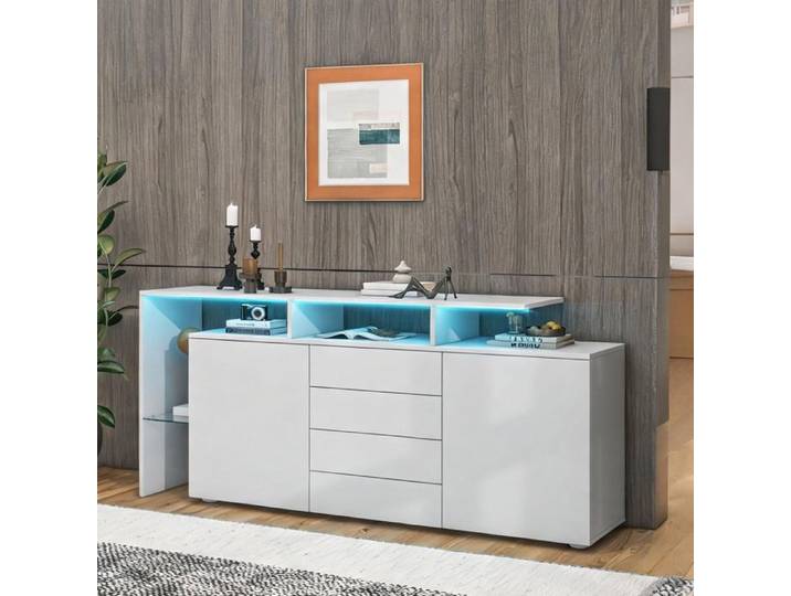 Buffet meuble TV LED blanc brillant 160 cm - ample rangement pour salon