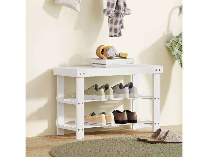 HOMCOM Banc à Chaussures Bambou 3 Niveaux 70cm Blanc