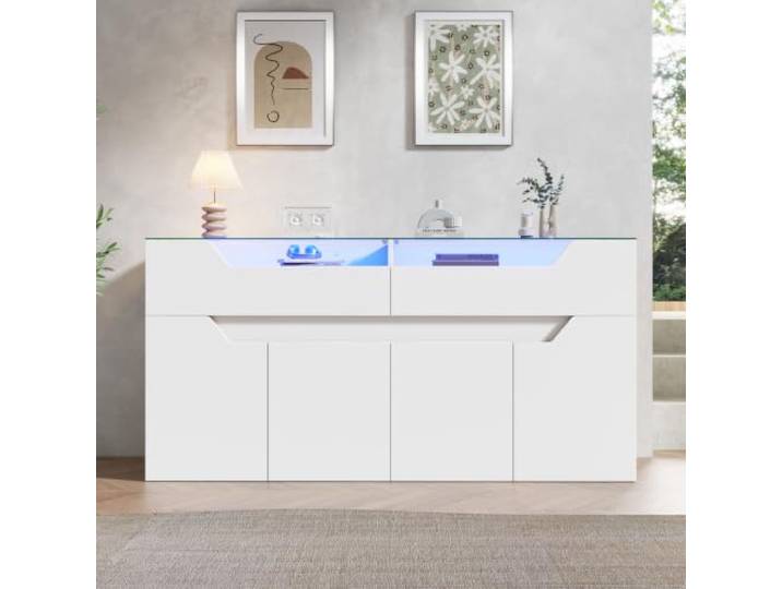 Sideboard Kommode mit 2 Schubladen Gehärteter Glasplatte Weiß, 140x40x70 cm mit geschlossenen Fächern, für Esszimmer Wohnzimmer Schlafzimmer Flur