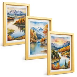 BILDER SET 3er Set - 20x30 cm Goldrahmen - Herbstliche Berglandschaften