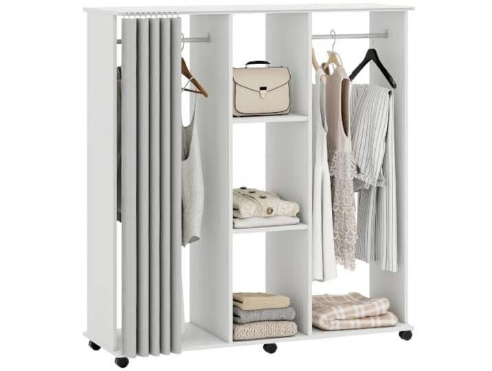 HOMCOM Mobiler Kleiderschrank 6 Rollen 120x40x128cm Weiß Holz-Kleiderschrank