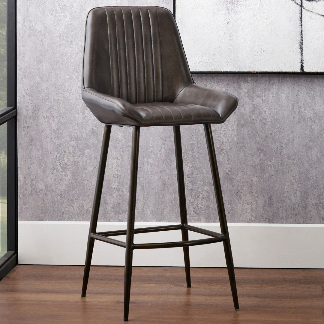 Rio Theressa Yes Leather Genuine Leather Bar Stool with Iron Frame Peppercorn Grey 103cm H X 46cm W X 58cm D